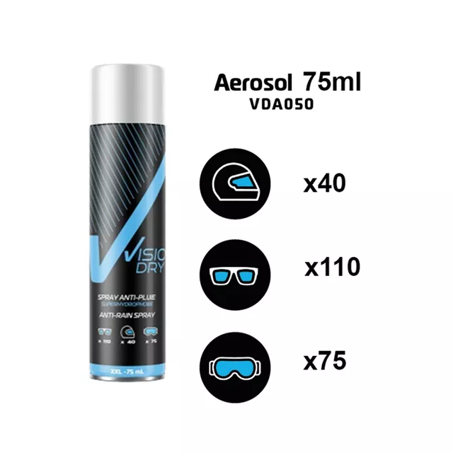 Szuperhidrofób aeroszol VisioDry 75ml, ISO 9001 tanúsítvánnyal, öntisztító hatás, párásodás elleni védelem, minden optikai felületen használható