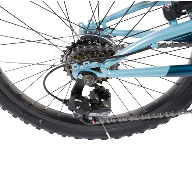 Gyermek teleszkópos kerékpár Olpran Vipera 20", 120-135 cm, 6 sebességes Shimano váltórendszer, első és hátsó V-fékek, Hi-Ten acélszerkezet - fehér/petrolkék
