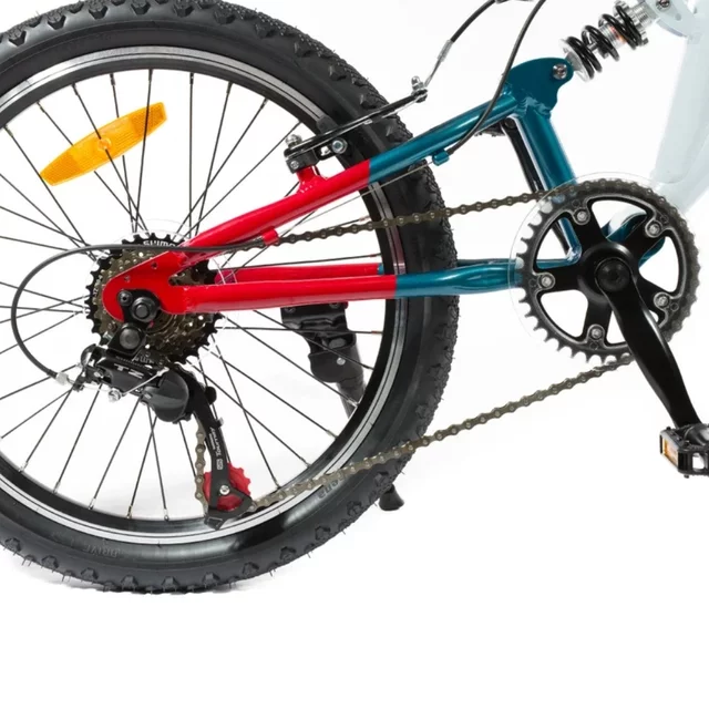 Gyermek teleszkópos kerékpár Olpran Vipera 20", 120-135 cm, 6 sebességes Shimano váltórendszer, első és hátsó V-fékek, Hi-Ten acélszerkezet - fehér/petrolkék