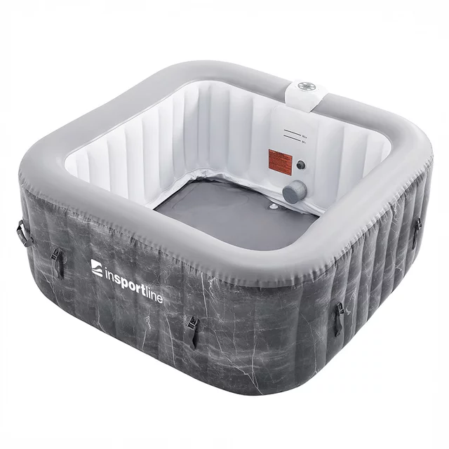 Pezsgőfürdő inSPORTline Kamilia 155x155x65 cm, 2–3 fős befogadóképesség, 110 hatékony aeromasszázs-fúvóka, 40 °C-ig emelhető vízhőmérséklet, önfelfújó