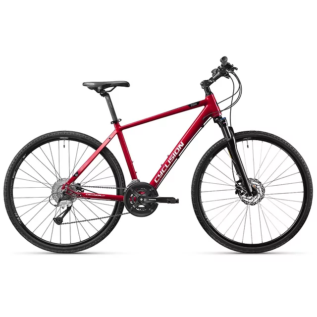 Férfi cross kerékpár Cyclision Zodin 3 MK-II 28", 16 sebességes Shimano váltórendszer, Chaoyang MAKO SHARK gumiabroncsok, Shimano mechanikus tárcsafék - Azúr Acél - Piros Lélek