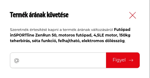 A Termék árának követése ablak az inSPORTline termékoldalán: e-mail-cím megadása és Figyel gomb