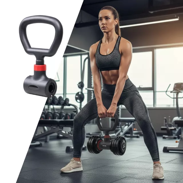 nő guggolásból lendít egy hatszögletű súlyzót az inSPORTline Dumhold markolattal kettlebellként, mellette a markolat közelről