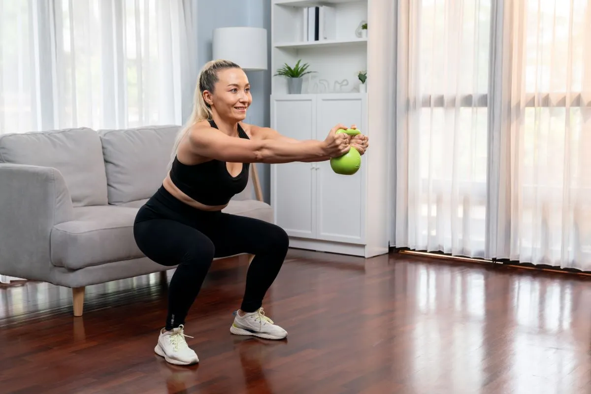 Mosolygós nő guggolást végez zöld kettlebell-lel a nappaliban, otthoni edzés közben