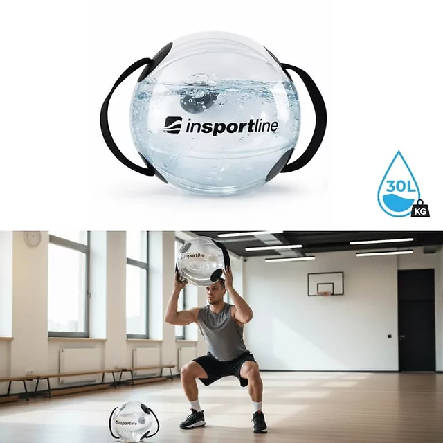 inSPORTline Flowball 30 literes vízzel tölthető súlylabda és férfi, aki guggolásban a feje fölé emeli